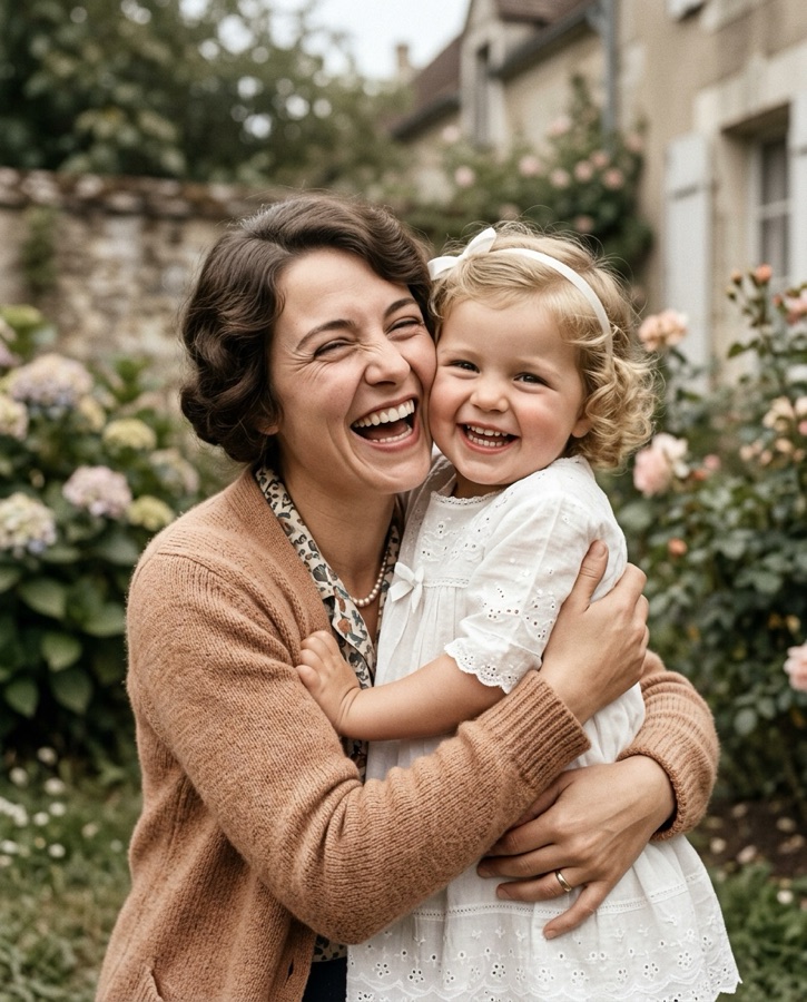 Une mère et sa fille qui rient, photo des années 1920 restaurée et colorisée