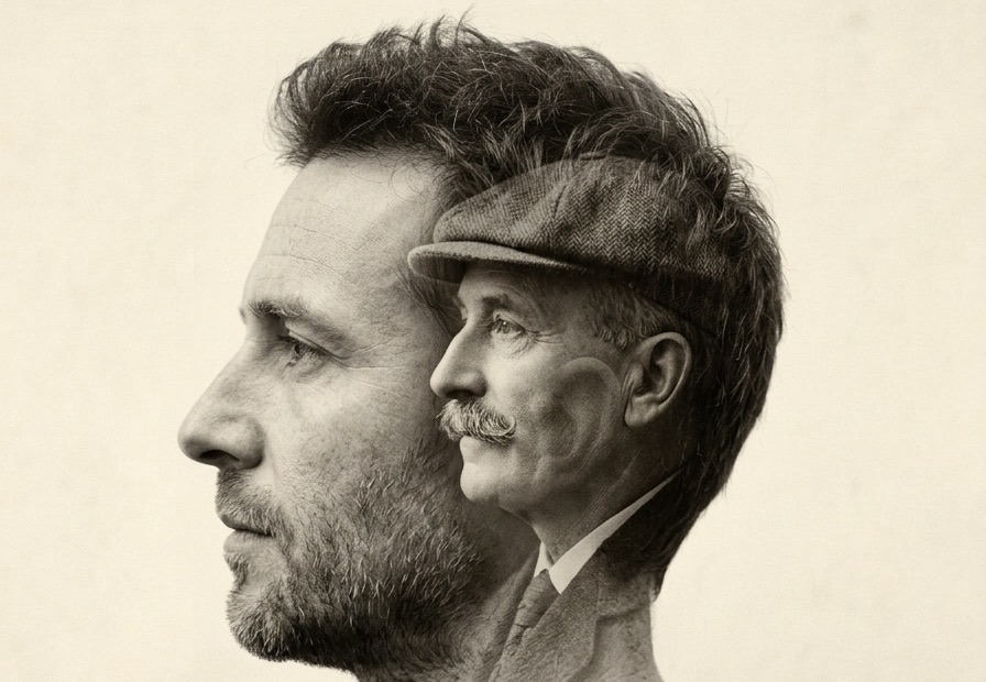 Un homme de profil, et dans sa silhouette son grand-père à casquette