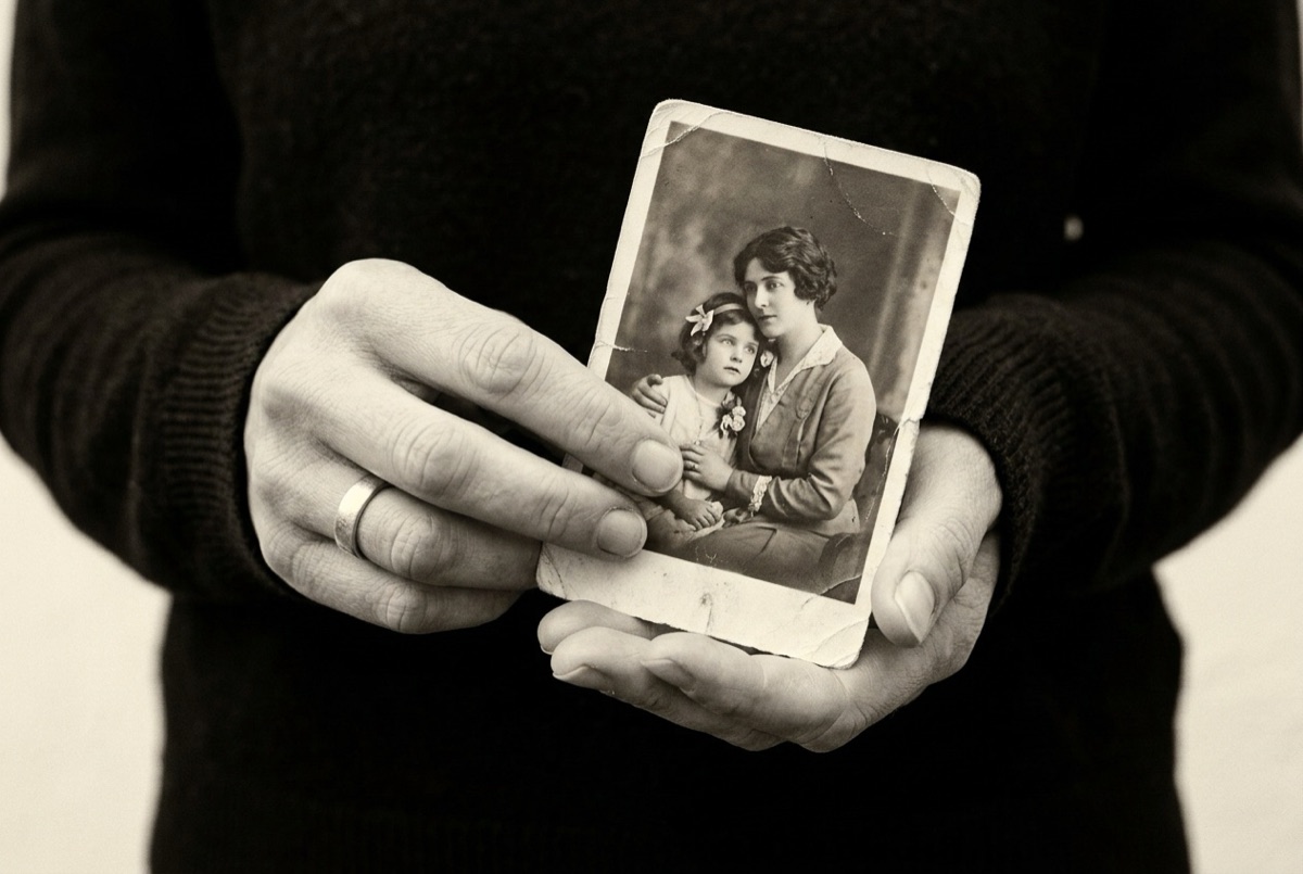 Des mains qui tiennent une photo ancienne d’une mère et de sa fille